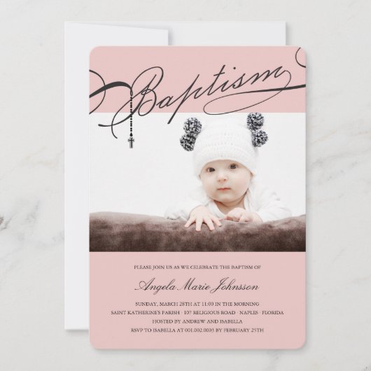 Geschreven doopsel Rozenkrans Kruis Meisje Roze Fo Kaart (Voorkant)