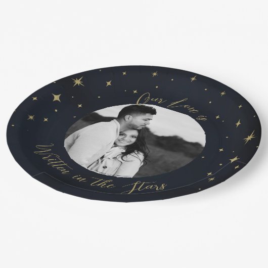 Geschreven in de sterren goud en blauw hemelse fot papieren bordje (Gekanteld)