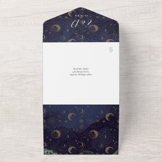 Geschreven in de sterren hemelse QR code bruiloft All In One Uitnodiging (Buitenkant)