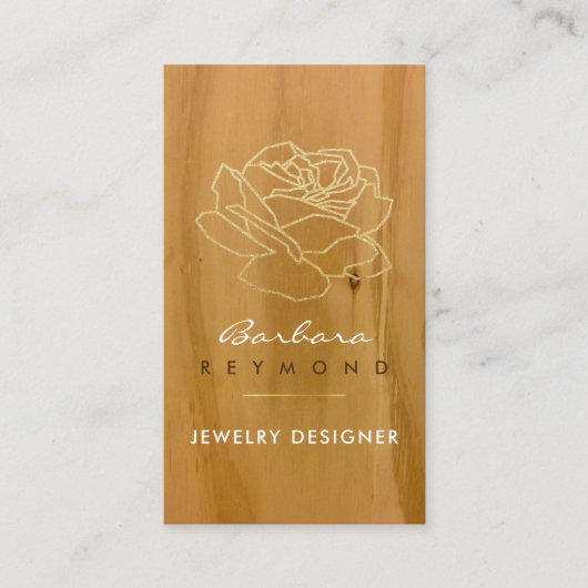 Geschreven rozen bloem op hout, sieradenontwerper visitekaartje (Voorkant)