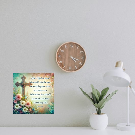 Geschrift Verse Johannes 3:16 Bloemen Cross Pasen Foto Afdruk