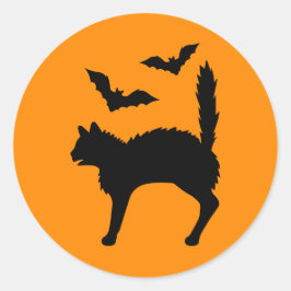 Geschrokken Halloween kat en vleermuizen silhouet  Ronde Sticker