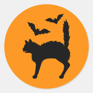 Geschrokken Halloween kat en vleermuizen silhouet Ronde Sticker