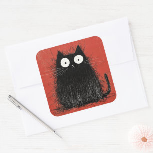 Geschrokken Zwarte Kat op Levendig Karmozijn Vierkante Sticker