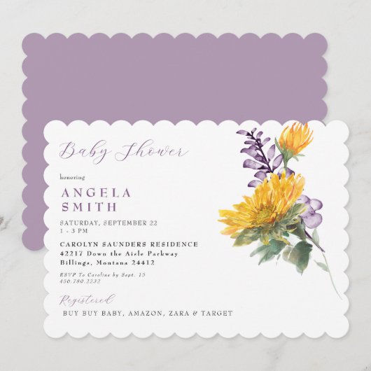 Geschulpte Lavendel Zonnebloem Bloemen Baby shower Kaart (Voorkant / Achterkant)