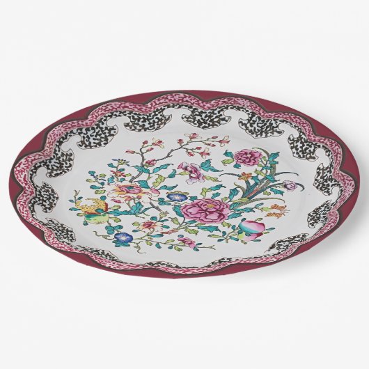 Geschulpte Roze Chinoiserie Bloemen Nepporselein Papieren Bordje (Gekanteld)