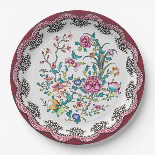 Geschulpte Roze Chinoiserie Bloemen Nepporselein Papieren Bordje (Voorkant)