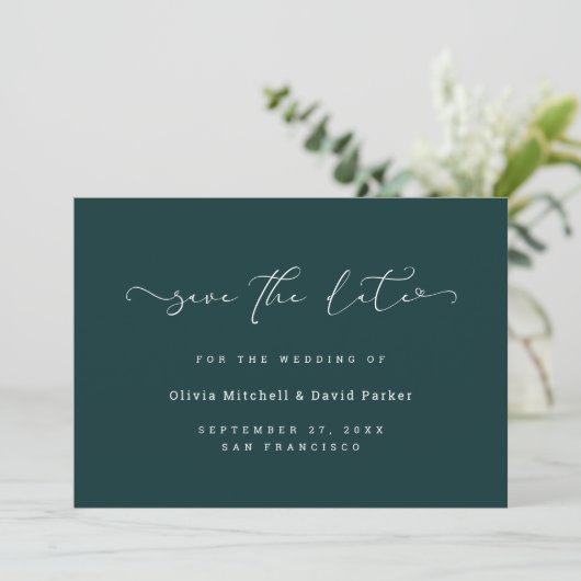 Gescript Heart | Elegante Donker Rijk Teal Save The Date (Staand voorkant)