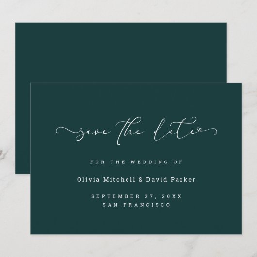 Gescript Heart | Elegante Donker Rijk Teal Save The Date (Voorkant / Achterkant)