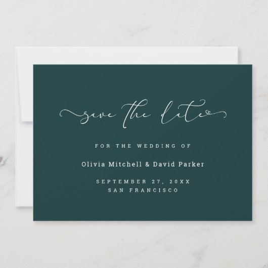 Gescript Heart | Elegante donkere rijke teal Save The Date (Voorkant)
