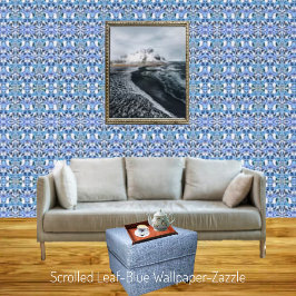 Gescrolleerd blad-blauw behang
