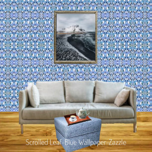 Gescrolleerd blad-blauw behang
