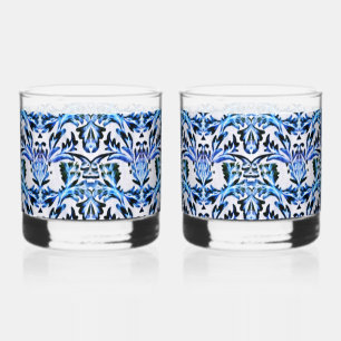 Gescrolleerd Blad Blauw Whisky Glas