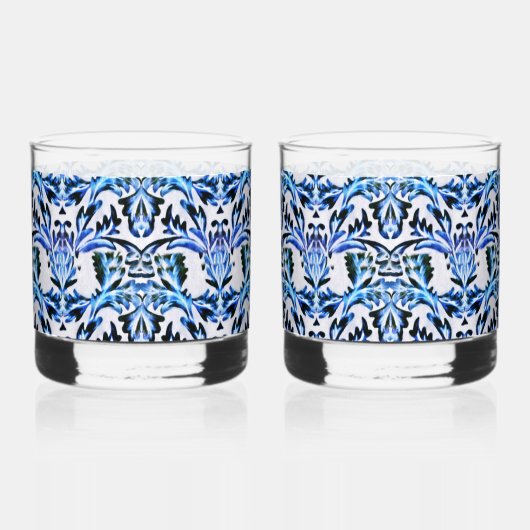 Gescrolleerd Blad Blauw Whisky Glas (Voorkant)