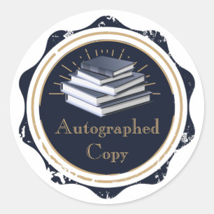 gesigneerde kopie, gestapelde boeken ronde sticker
