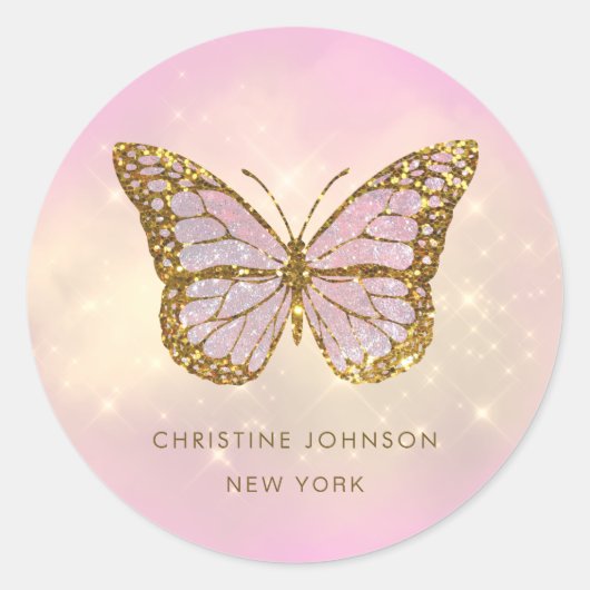 gesimuleerde glittervlinder ronde sticker (Voorkant)