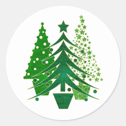 Gesimuleerde groene, gouden folie kerstbomen ronde sticker (Voorkant)