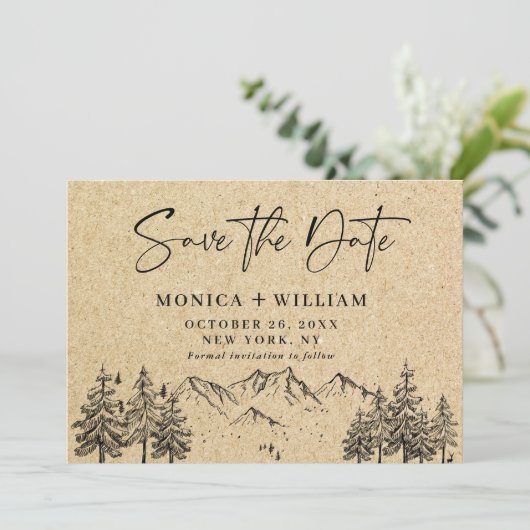 Gesimuleerde Kraft Paper Hand Drawn Mountain Weddi Save The Date (Staand voorkant)