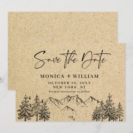Gesimuleerde Kraft Paper Hand Drawn Mountain Weddi Save The Date (Voorkant / Achterkant)