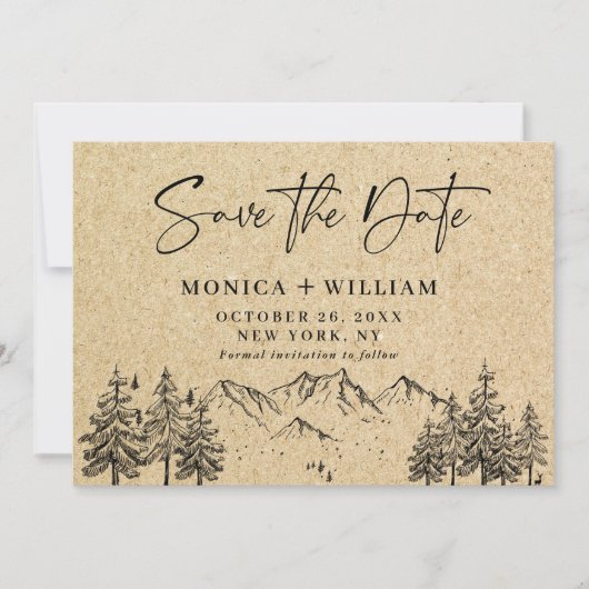 Gesimuleerde Kraft Paper Hand Drawn Mountain Weddi Save The Date (Voorkant)