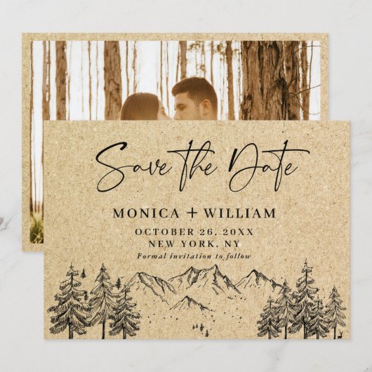 Gesimuleerde Kraft Paper Hand Drawn Mountain Weddi Save The Date (Voorkant / Achterkant)