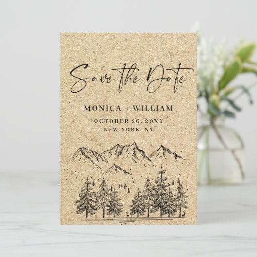 Gesimuleerde Kraft Paper Hand Drawn Mountain Weddi Save The Date (Staand voorkant)