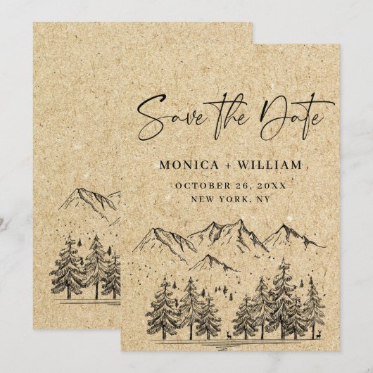 Gesimuleerde Kraft Paper Hand Drawn Mountain Weddi Save The Date (Voorkant / Achterkant)