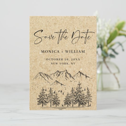 Gesimuleerde Kraft Paper Hand Drawn Mountain Weddi Save The Date (Staand voorkant)