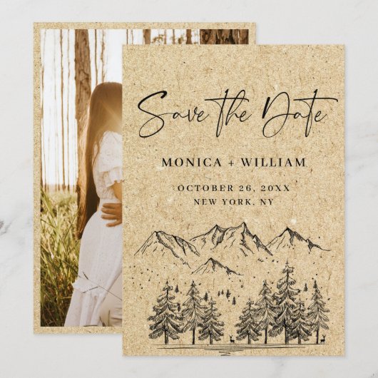 Gesimuleerde Kraft Paper Hand Drawn Mountain Weddi Save The Date (Voorkant / Achterkant)