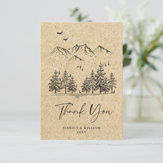 Gesimuleerde Kraft Paper Hand Drawn Mountains Wedu Bedankkaart (Staand voorkant)