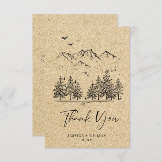 Gesimuleerde Kraft Paper Hand Drawn Mountains Wedu Bedankkaart (Voorkant / Achterkant)