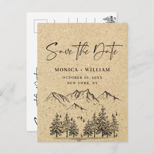 Gesimuleerde Kraft Paper Mountain Save the Date Briefkaart (Voorkant / Achterkant)