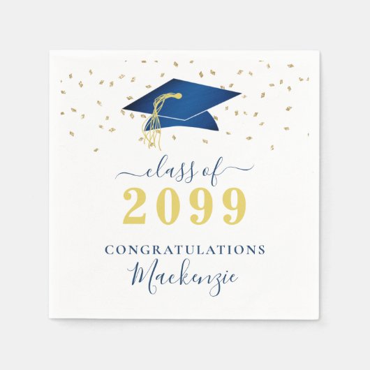 Geslaagd Cap Blauw Goud Confetti Script Servet (Voorkant)