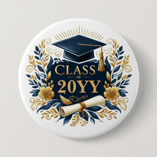 Geslaagd Cap, Diploma, Bloemen Klasse van de Butto Ronde Button 7,6 Cm