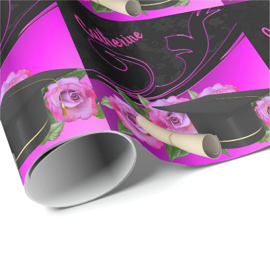 Geslaagd Cap Diploma Roze Zwart Persoonlijk Cadeaupapier (Rol Hoek)