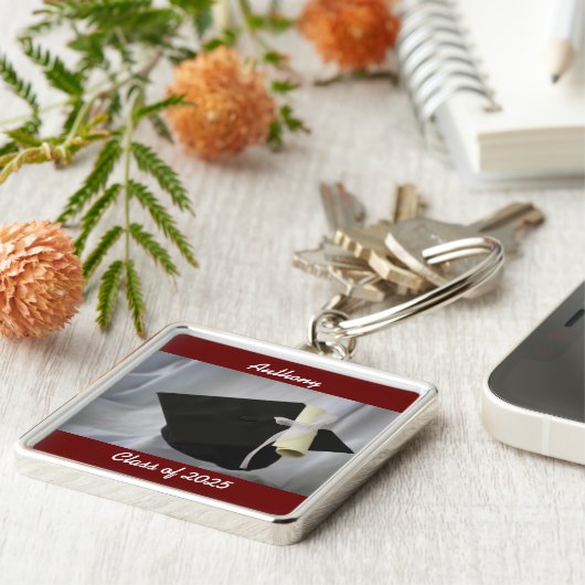 Geslaagd Cap En Diploma Vierkante Sleutelhanger (Zijkant)