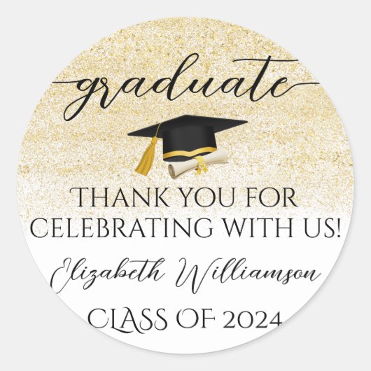 Geslaagd Cap Gold Glitter Afstuderen Party Favor Ronde Sticker (Voorkant)