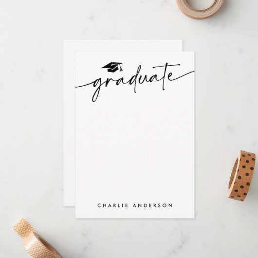 Geslaagd cap modern script blanco afstuderen notitiekaartje (Voorkant / Achterkant in situ)