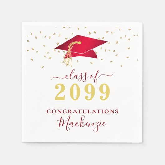 Geslaagd Cap Rood Goud Confetti Script Servet (Voorkant)