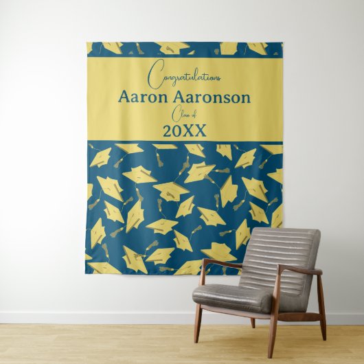 Geslaagd Caps Gefeliciteerd Blue & Gold Party Wandkleed (In situ)