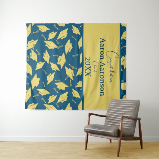 Geslaagd Caps Gefeliciteerd Blue & Gold Party Wandkleed (In Situ (horizontaal))