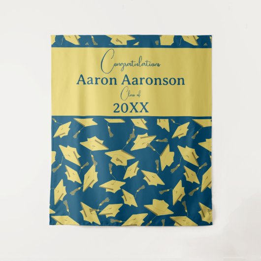 Geslaagd Caps Gefeliciteerd Blue & Gold Party Wandkleed (Voorkant)