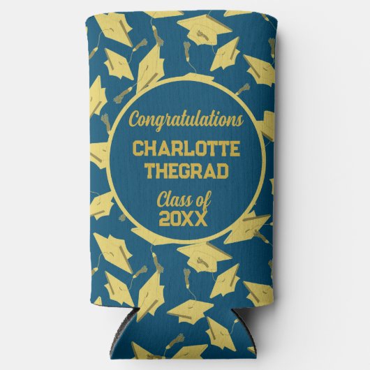 Geslaagd Caps Party Gefeliciteerd Blue & Gold Seltzer Blikjeskoeler (Voorkant)