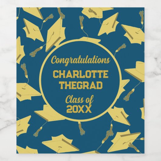 Geslaagd Caps Party Gefeliciteerd Blue & Gold Wijn Etiket (Enkel label)