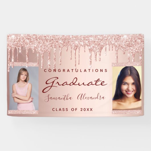 Geslaagd feest foto roos gouden glitter duo spandoek (Horizontaal)