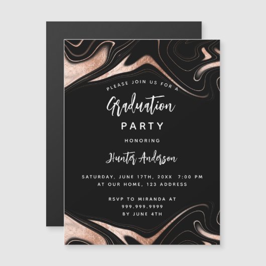 Geslaagd feest zwart roos goud modern luxe magnetische uitnodiging (Voorkant / Achterkant)