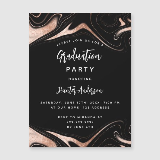 Geslaagd feest zwart roos goud modern luxe magnetische uitnodiging (Voorkant)