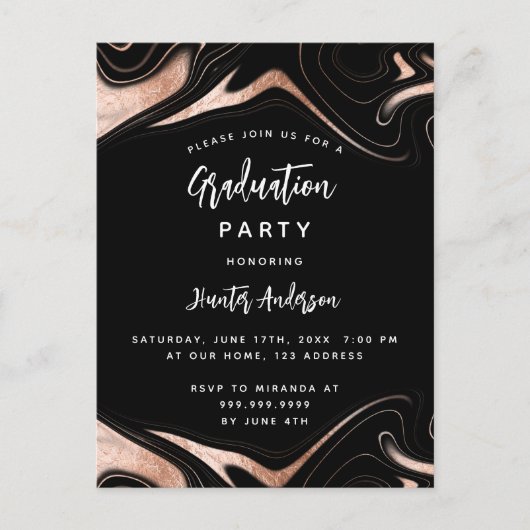 Geslaagd feest zwart roos goudmodern uitnodiging briefkaart (Voorkant)