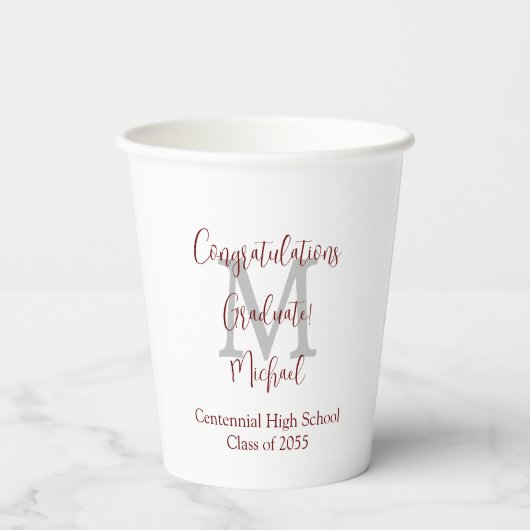 Geslaagd Party Naam Grijs Monogram Bourgondië Wit Papieren Bekers (Achterkant)