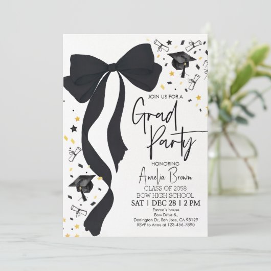 Geslaagd Party Uitnodiging Coquette Black Bow Gra (Staand voorkant)